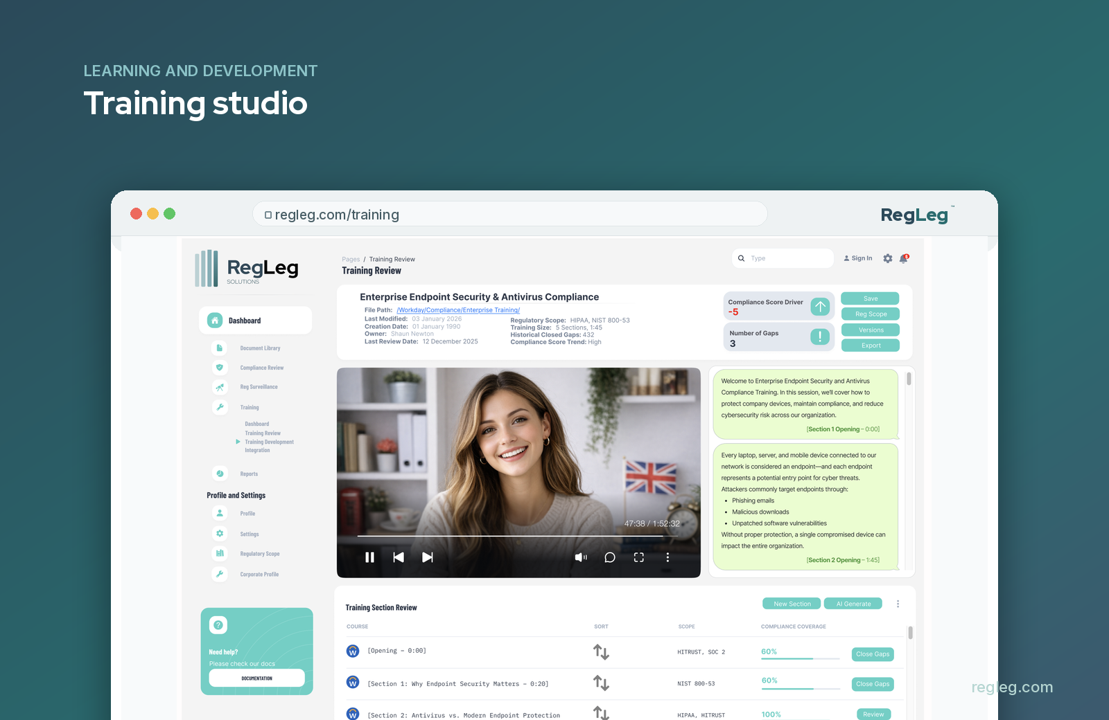 Training studio, RegLeg Learning and Development module
